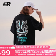 ER笑臉線稿涂鴉短袖t恤男女夏季情侶款潮流短t男士卡通半袖T恤男 黑色-男女同款 L碼-185/80kg