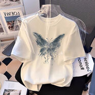 一寸相思粉色純棉短袖夏季t恤女2025新款歐貨寬松半袖體恤顯瘦夏季上衣潮 白色-流蘇蝴蝶. XL 推薦125-145斤