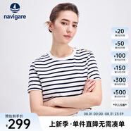 Navigare意大利小帆船短袖T恤女夏季純棉條紋體恤衫時(shí)尚顯瘦圓領(lǐng)百搭汗衫 白底藍(lán)紋 XL