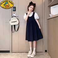 G.DUCKKIDS女童夏裝連衣裙女兒童泡泡短袖假兩件背帶裙韓版大童裝學(xué)院風(fēng)裙子 藏青色 140 cm