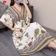 皮爾卡丹2025夏季民族風(fēng)棉綢連衣裙蝙蝠袖碎花V領(lǐng)a字顯瘦高腰仙女沙灘長(cháng)裙 N黃扇葉 XL