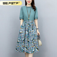 夏典素訂女王（SE.PSTP）素訂子木牧棉文藝民族風(fēng)棉麻連衣裙休閑碎花拼接女夏季寬松顯瘦系 藍色 XL 【130-145斤】
