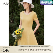 AMII七夕禮物法式復古a字連衣裙女年夏季新款赫本風(fēng)顯瘦圓領(lǐng)修身裙子 杏黃 （建議拍大一碼） M 160/84A