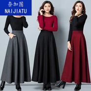 奈加圖毛呢半身裙秋冬季長(cháng)裙加厚呢子裙中長(cháng)款高腰A字裙傘裙冬裙女 紅色 M 98--115斤