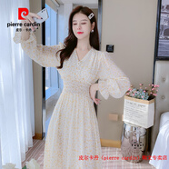 皮爾卡丹（pierre cardin）秋冬印花加絨里襯長(cháng)袖連衣裙女2025甜美V領(lǐng)韓版松緊腰顯瘦打底裙 圖片色 S