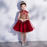 洛之潮兒童禮服女童公主裙2025春夏小女孩生日中國風(fēng)蓬蓬裙紅演出晚禮服 酒紅色短款包肩 140