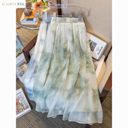 愛葵茵夏季碎花雪紡百褶高腰半身裙子女夏季2025新款小個子a字半裙長裙 綠色 L 建議106-120斤