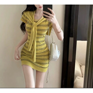 POLO SPORT保羅韓系氣質(zhì)小馬刺繡短袖連衣裙女修身包臀短裙夏季拉夫風(fēng) 黃色 均碼