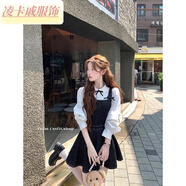 凌卡戚小個(gè)子法式牛仔背帶裙蝴蝶結白色襯衫套裝秋季連衣裙子搭配一整套 【兩件套】白色襯衣+牛仔背帶裙 S 【建議80-95斤】