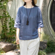 夏典素訂女王2025夏季文藝?yán)C花圓領(lǐng)上衣新款棉麻中袖襯衫寬松純色素雅復(fù)古T恤 藍(lán)色 圓領(lǐng)繡花 L 建議105-120斤