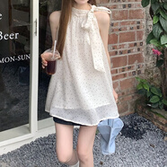 皓娥掛脖吊帶背心女波點(diǎn)蝴蝶結系帶夏季外穿寬松休閑無(wú)袖露肩襯衫上衣 【杏色】均碼