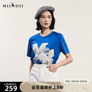 謎底T恤短袖女士夏季新品文藝風圓領貼布繡花上衣242MT0712 鈷藍 L