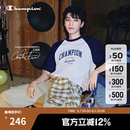 Champion【王俊凱同款】冠軍短袖插肩袖情侶款25夏季新款復(fù)古純棉T恤 灰色藍(lán)色拼接 S