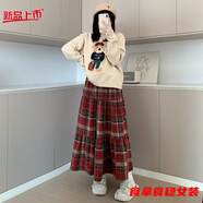 柒十念藏青色蛋糕半身裙女春秋高腰新款復古顯瘦a字中長(cháng)裙傘裙 藏青格-全松緊腰-毛呢 S