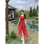智立冠短袖連衣裙大碼紅色波點(diǎn)花裙肌理感不規(guī)則裙擺A字裙收腰顯瘦長裙 紅色 L 大