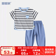 嘟嘟家寶寶夏款短袖T恤套裝兒童休閑T恤防蚊褲卡通衣服夏裝女童兩件套潮 條紋T恤+深藍(lán)色褲子 100