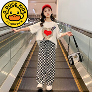 G.DUCKKIDS女童短袖t恤2025新款夏裝套裝大童女裝夏款含棉女孩夏季衣服兒童 愛(ài)心突出格子褲套裝-白色 160 cm(建議身高148-158)