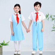 梓嘉福兒童大合唱演出服小學(xué)生詩歌朗誦表演服裝馮琳同款藍(lán)白制服主持 領(lǐng)頌短袖男款五件套 三件套+徽章 120 cm