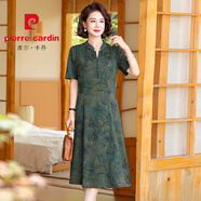 皮爾卡丹（PIERRE CARDIN）中年媽媽夏裝時(shí)尚洋派洋裝2024新款闊太太女裝短袖印花薄款裙子 綠色 XL 建議95-110斤