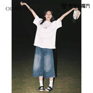 OLDER SEA七分褲女夏季2025新款寬松闊腿深藍色牛仔褲女直筒美式高街短褲女 深藍色 S
