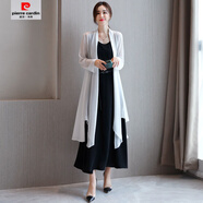 皮爾卡丹（pierre cardin）長(zhǎng)袖兩件套裝連衣裙春秋大碼胖mm遮肚子顯瘦超長(zhǎng)款到腳踝媽媽長(zhǎng)裙 白外披+黑裙子 M