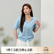 纖莉秀【海鹽味的夏天】小清新繡花V領針織衫大碼女裝胖mm夏新款1208 藍色 3XL