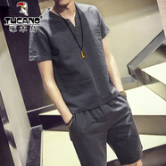 啄木鳥(niǎo)中國風(fēng)t恤男士短袖棉麻衣服外套夏季透氣排汗中袖亞麻中山裝套裝 灰藍套裝(短袖+短褲) M 70-90斤