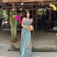微光里掛脖吊帶連衣裙女復(fù)古西雙版納泰國(guó)波西米亞性感露背海邊度假長(zhǎng)裙 圖片色 M 【建議80-100斤】
