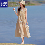 羅蒙（ROMON）高端亞麻棉麻無(wú)袖背心連衣裙女夏新款高級感海邊度假顯瘦雪紡長(cháng)裙 杏色 L  （100-115斤）