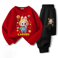 G.duck拉布布兒童t恤純棉套裝秋季新款運動(dòng)服男女童長(cháng)袖長(cháng)褲衣服 長(cháng)袖彩色布紅色+長(cháng)褲黑色 140 建議45-50斤