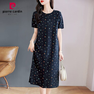 皮爾卡丹（pierre cardin）印花直筒連衣裙女士短袖夏季高級(jí)中長(zhǎng)裙2025新款寬松大碼裙子?jì)寢?寶藍(lán)色 M (適合95-115斤)