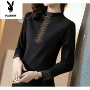 花花公子（PLAYBOY）雙面德絨長(cháng)袖打底衫女2025秋冬新款半高領(lǐng)保暖女裝燈芯絨T恤針織 黑色【德絨好質(zhì)量】 2XL 建議120-135斤