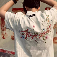 安初夏歐美刺繡短袖男青少年夏季美式純棉重工情侶花體連肩花卉t恤上衣 灰色高端面料 XL 【刺繡】高質(zhì)量