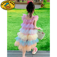 G.duck女童夏裝連衣裙2025新款韓版超洋氣兒童露背公主裙夏季小女孩裙子 粉色彩虹裙 120