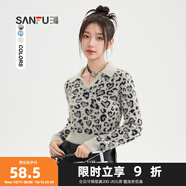 三福毛衣2024冬季V字翻領豹紋短款時尚上衣女裝495139 炭灰豹紋 M