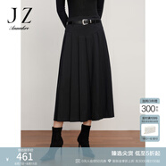 玖姿·安娜蔻通勤皮質(zhì)腰帶輕熟風(fēng)壓褶百褶半身裙女冬款 素黑 M