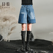 日著原創(chuàng)曠野藍做舊純棉牛仔短褲2025夏季新款時尚拼接休閑褲女 曠野藍 XL