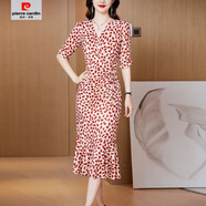 皮爾卡丹（pierre cardin）輕奢時尚豹紋連衣裙春裝新款修身包臀氣質(zhì)波點印花魚尾女士中長裙 HY679紅葉 M