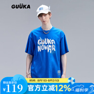 古由卡（GUUKA）xSANK嘻哈潮牌t恤男士短袖夏季情侶裝劉宇同款休閑寬松五分半截袖 彩藍色 F7063 M