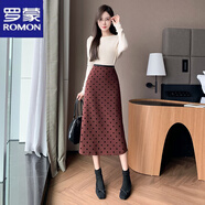 羅蒙半身裙女2024秋冬新款植絨波點后開叉高腰顯瘦直筒裙子中長款一步 安可拉紅裙長80cm] S