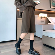 女士五分褲大碼毛呢西裝短褲女2024秋冬打底靴褲高腰顯瘦闊腿中褲 咖啡色 M 100-115