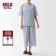 無印良品（MUJI）女式 無側(cè)縫泡泡紗短袖睡衣女士家居服套裝夏季純棉全棉 FDB04C2S 深藏青色條紋 M