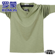 羅蒙（ROMON）2025春秋潮胖男寬松圓領(lǐng)竹節棉t恤加肥加大薄長(cháng)袖體恤肥佬打底衫 草綠色 2136 XL (139-168斤左右)
