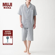 無(wú)印良品（MUJI）男式 無(wú)側(cè)縫泡泡紗短袖睡衣男士家居服套裝男款夏季純棉全棉 藏青色條紋 L
