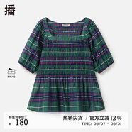 播春夏季新款氣質翻領復古泡泡袖方領襯衫女DDQ3HD5052 L71竹青格 S