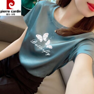 皮爾卡丹涼快透氣白色純色夏季雪紡衫韓版創(chuàng  )意印花寬松T恤 涼快透氣短袖T 藍色  3552雙白蝴蝶 S