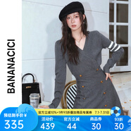 banana cici2024年冬季新款學(xué)院風(fēng)A字雙排扣收腰V領(lǐng)長(zhǎng)袖連衣裙C234LY322 灰色 L