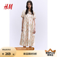 H&M女裝花卉連衣裙夏季甜美印花裙燈籠袖收腰中長(zhǎng)裙連身裙1244887 柔粉色/圖案 160/88 S