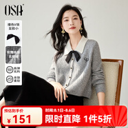 歐莎（OSA）蝴蝶結(jié)翻領(lǐng)針織開(kāi)衫女春季新款小個(gè)子氣質(zhì)短款外套薄款上衣 淺花灰色 S