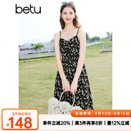百圖betu女裝春夏新款印花連衣裙顯瘦可調(diào)節(jié)吊帶連衣裙女2403T99 黑色 M